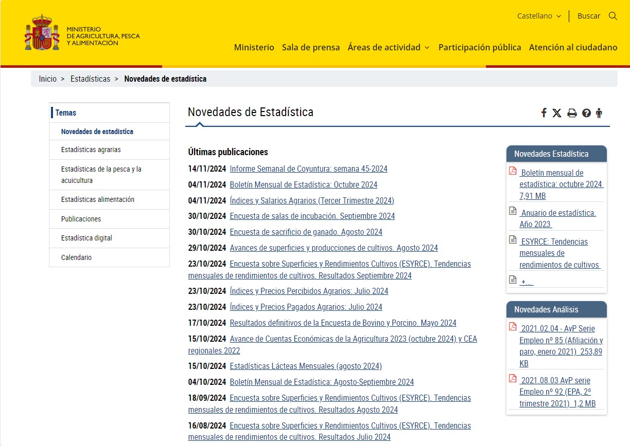 Añadido un nuevo enlace a la web de Novedades Estadísticas del Ministerio de Agricultura, Pesca y Alimentación (MAPA).